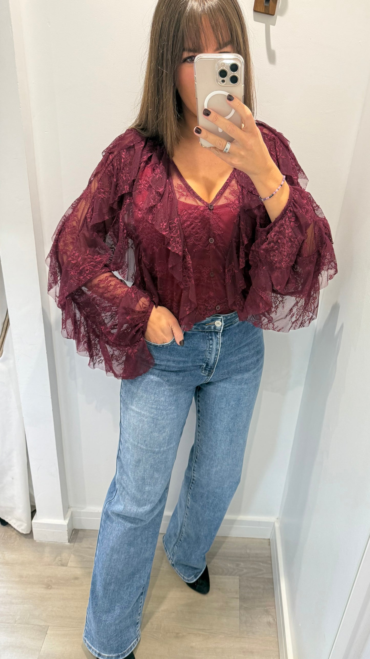 WINE LACE LAYERED RUFFLE BLOUSE