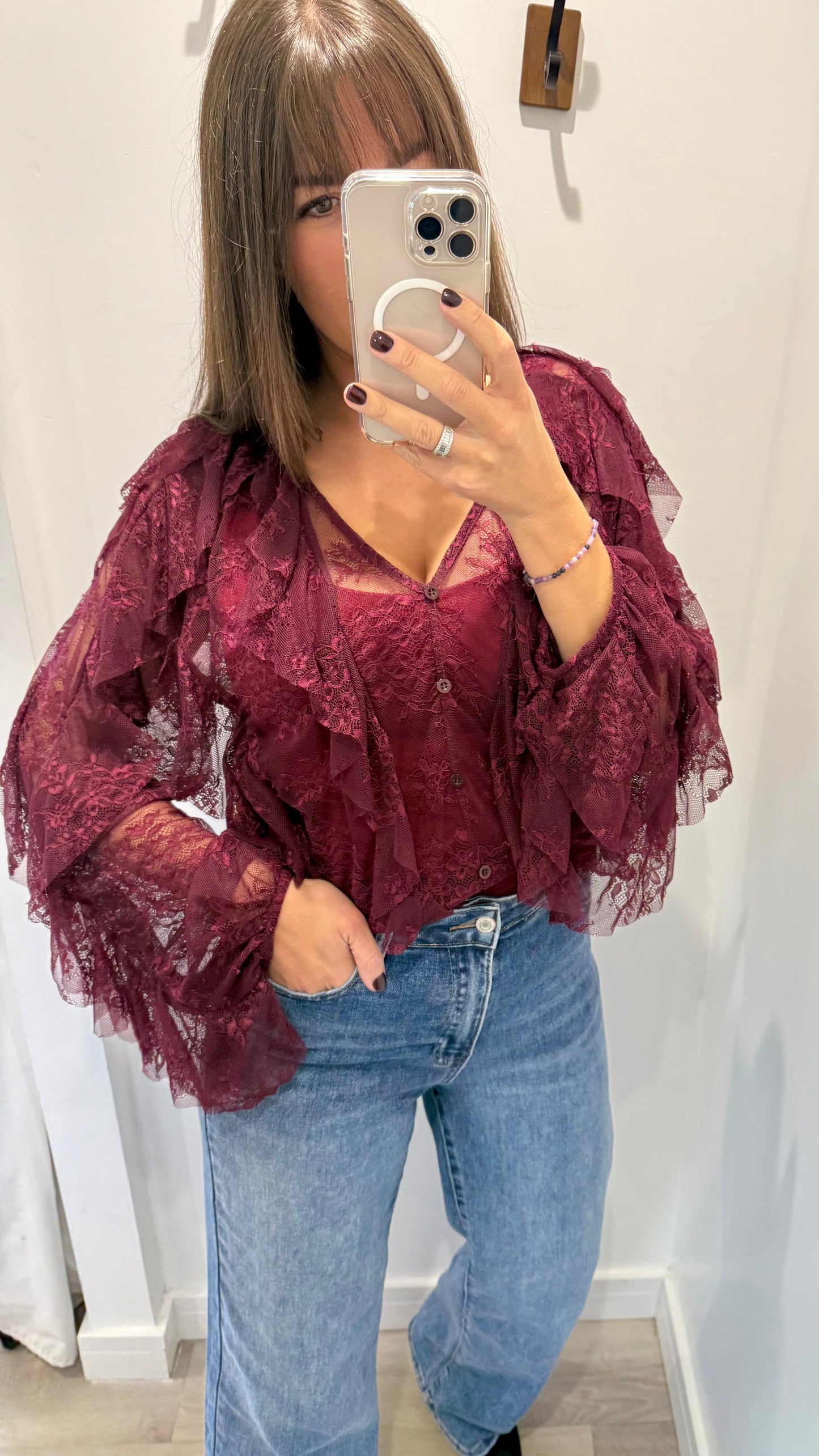 WINE LACE LAYERED RUFFLE BLOUSE