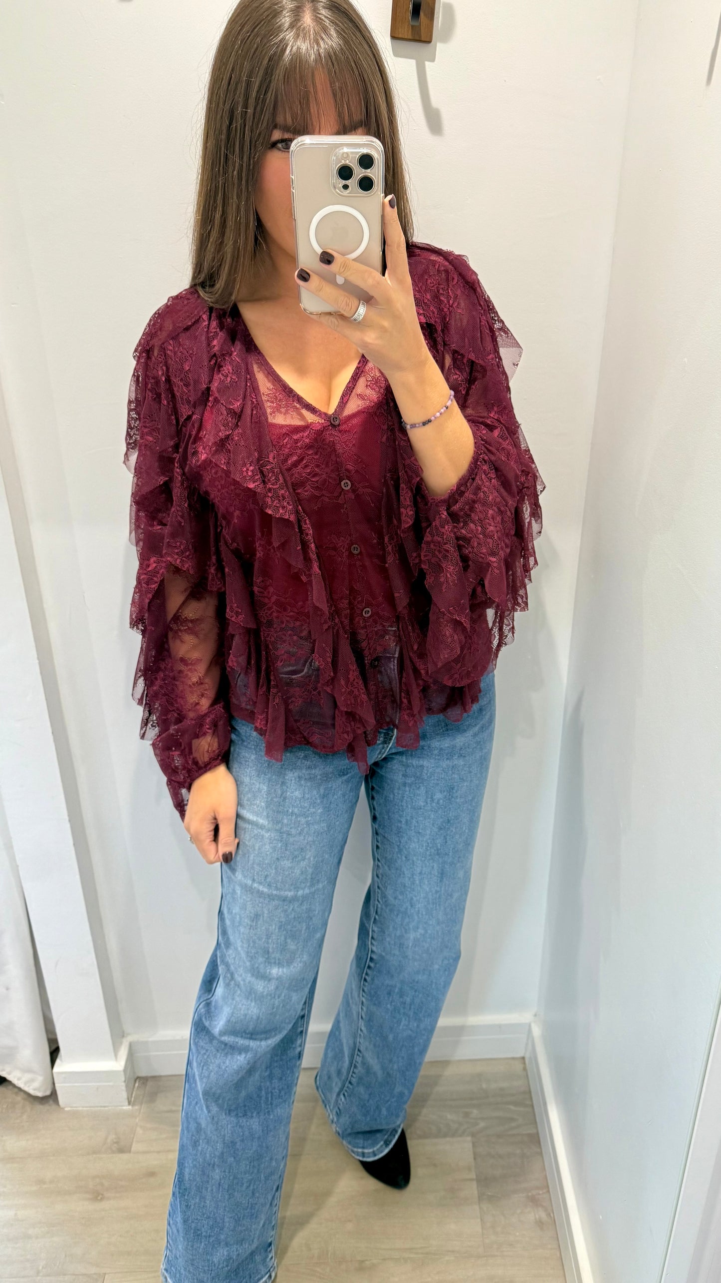 WINE LACE LAYERED RUFFLE BLOUSE