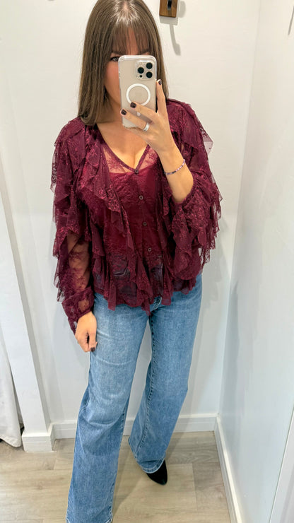 WINE LACE LAYERED RUFFLE BLOUSE