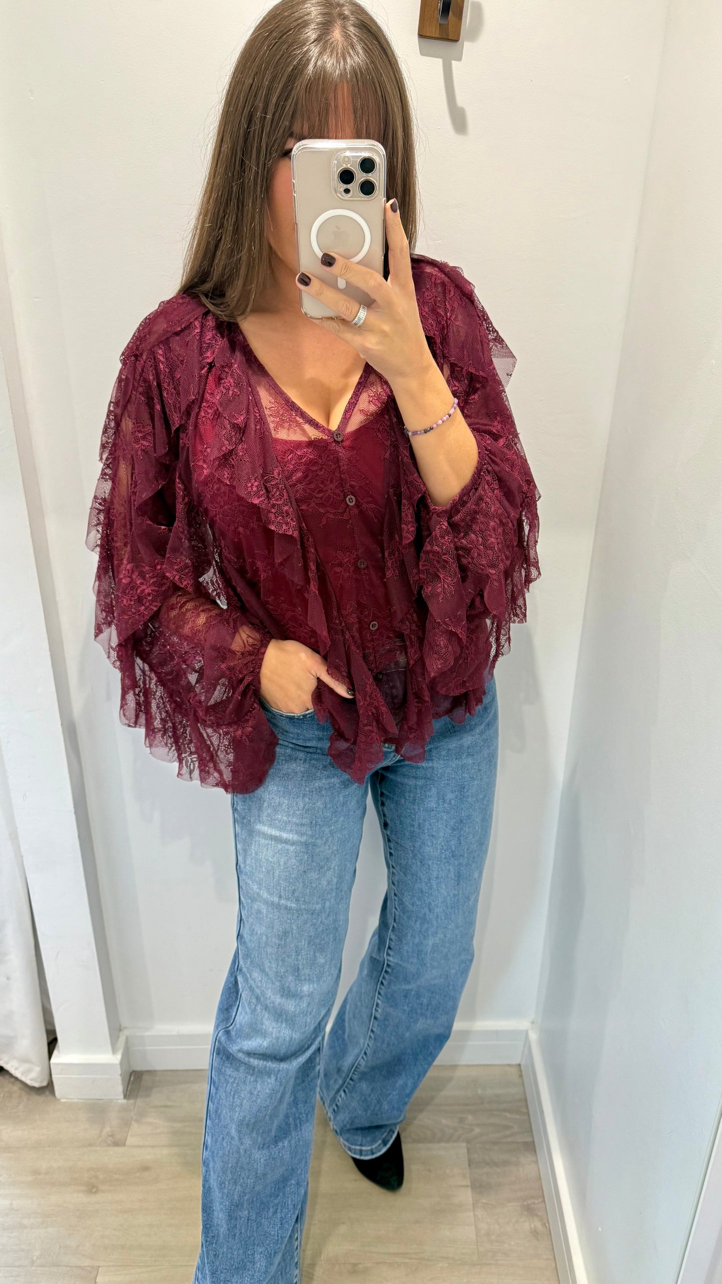 WINE LACE LAYERED RUFFLE BLOUSE
